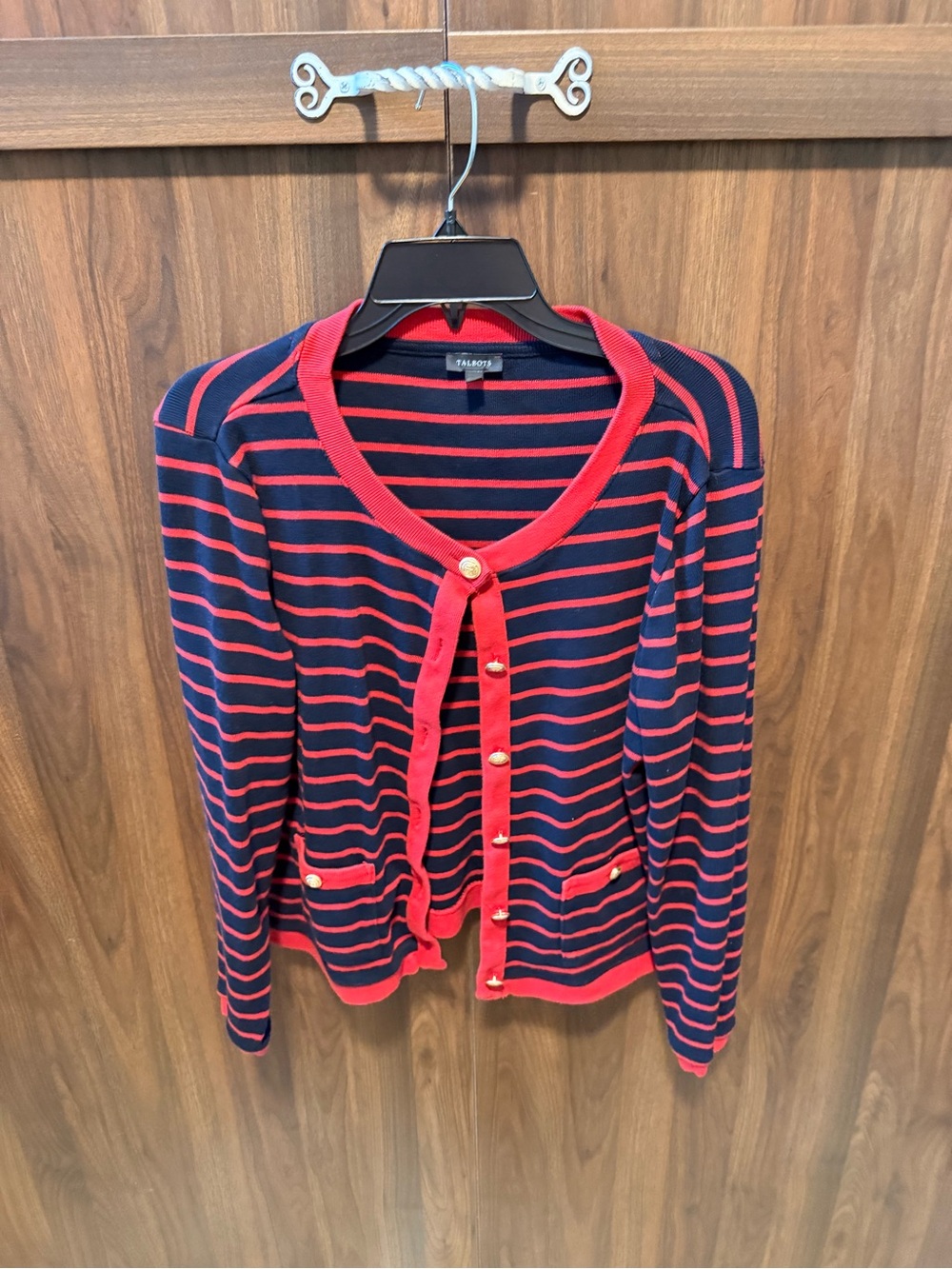 Talbots Navy and Red Striped Crew Cardigan